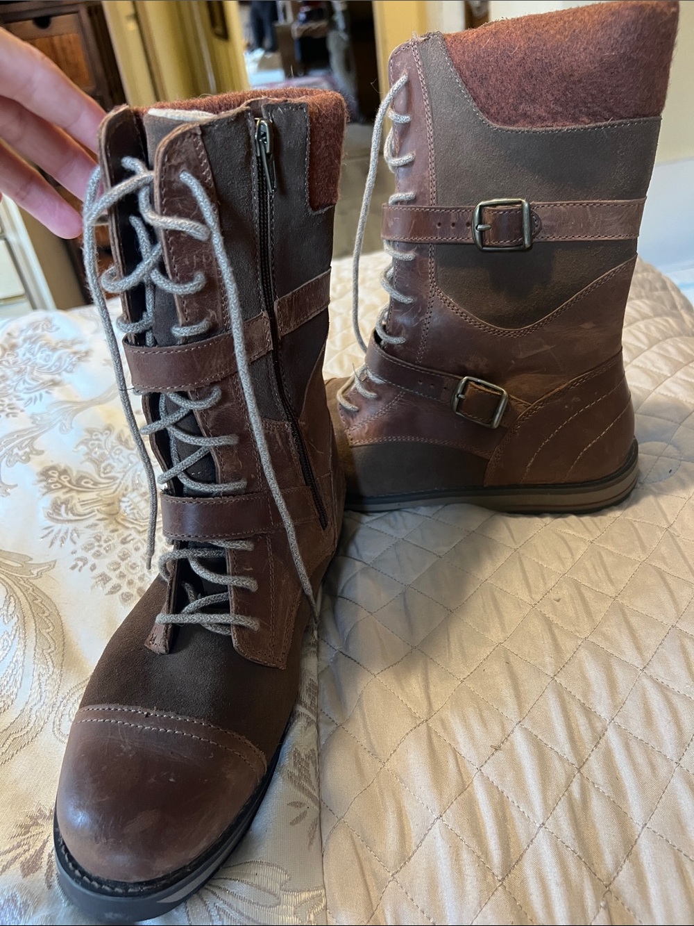 L.L. Bean Brown Leather & Suede Lace-Up Buckle Boots